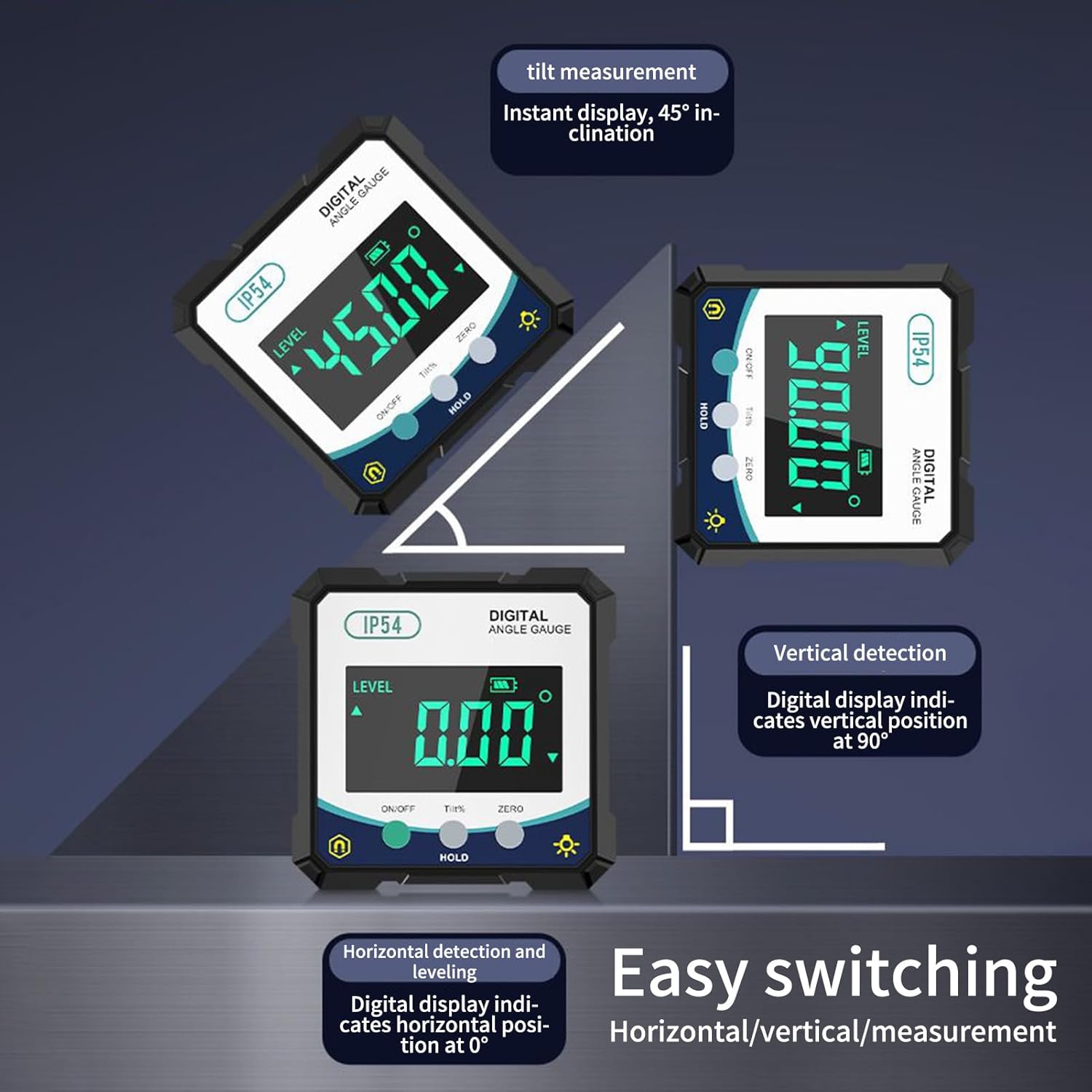 Illustrations showing the Digital Inclinometer detecting horizontal (0 degrees), vertical (90 degrees), and tilt (45 degrees) positions, highlighting easy switching between modes.