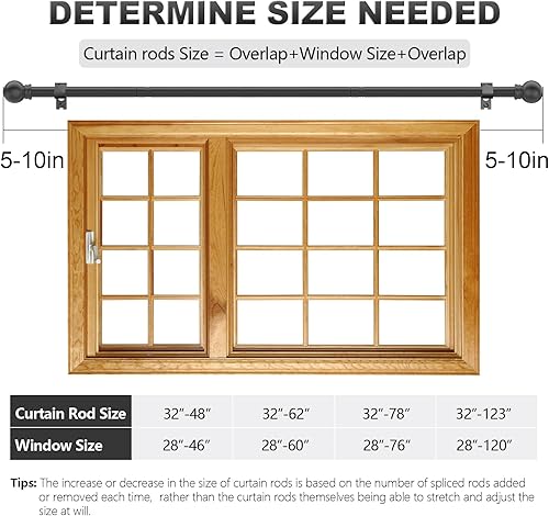 Miniatura 4 de Authandis Barras de cortina negras para dormitorio con soportes, barra de cortina pequeña de 58 pulgadas de diámetro, 32 a 123 pulgadas, barras de