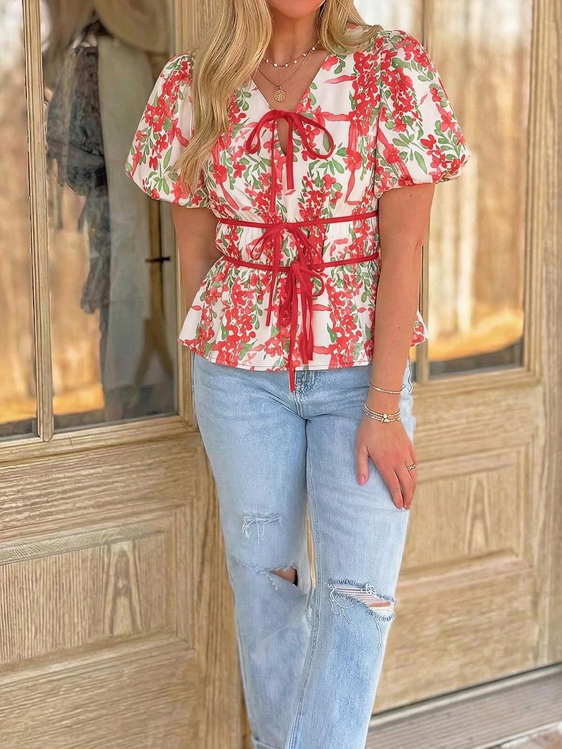 Cicy Bell Womens Puff Sleeve Tie Front Tops Summer Babydoll Peplum V Neck Blouse Casual Dressy Pleated Floral Print Shirts