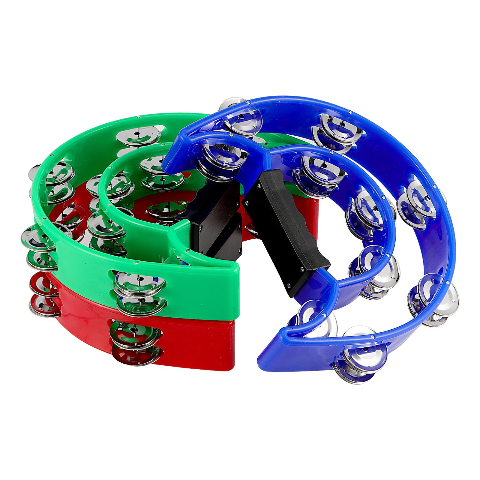 6 panderetas de mano de 9 x 7.7 pulgadas, pandereta de doble fila de 6 colores, instrumento de percusión de mano de media luna de plástico para actuaciones musicales, ensayos, reuniones