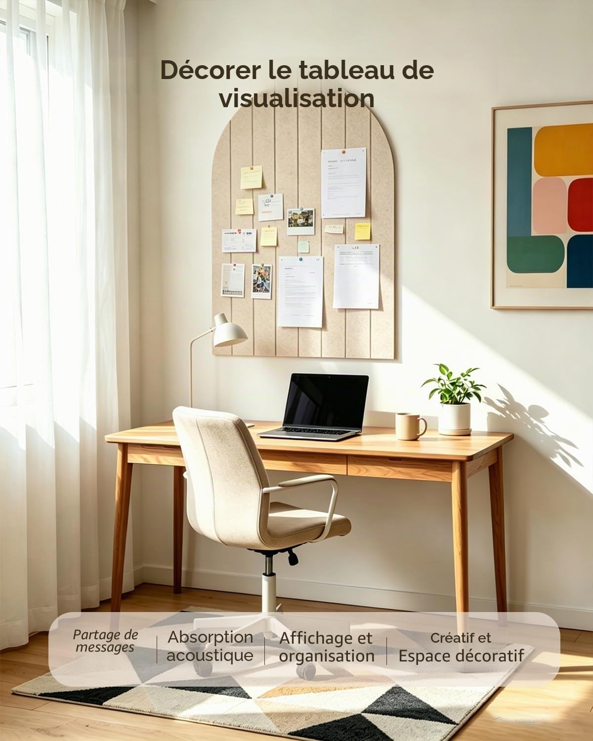 Tableau d'affichage pliable 60x40cm, feutre épais de 0,9 cm, grand tableau en liège avec autocollant, panneaux muraux décoratifs à lattes pour bureau, chambre, salon, Chambre d'enfant-beige