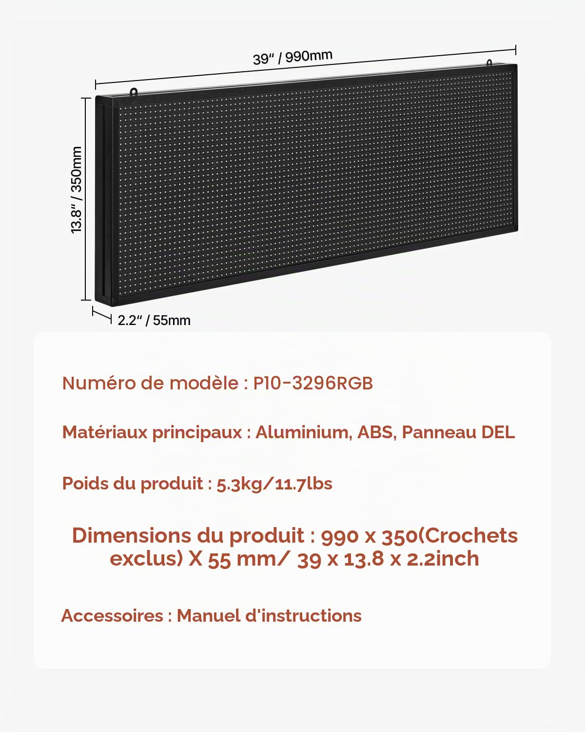 VEVOR Enseigne Lumineuse LED Programmable 99x35 cm, Panneau d’Affichage Numérique Couleur Pleine P10, GIF à Motifs de Texte Personnalisés, Commande Bluetooth, Information Publicitaire Publicité