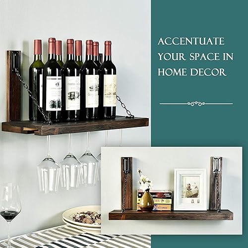 Miniatura 2 de WELLAND Estante de vino montado en la pared con soporte para vidrio, estante flotante para vino y estante de vidrio para decoración del hogar y la