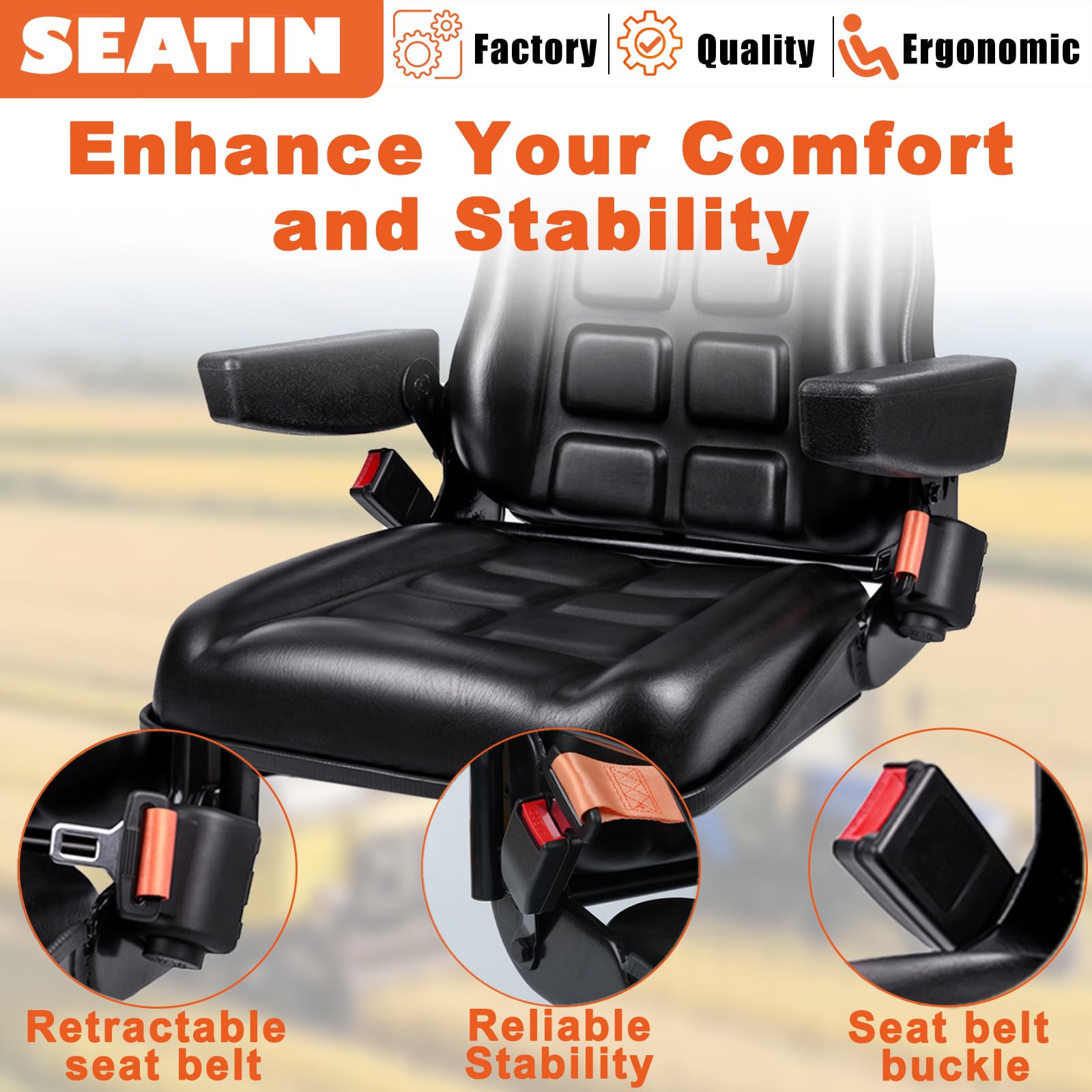 Asiento universal para carretilla elevadora con agujeros de montaje ajustables, reposabrazos, cinturón de seguridad y microinterruptor, asiento de tractor plegable para cortacéspedes, minicargadoras,