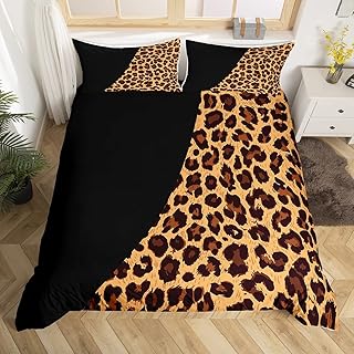 Leopard Print Full Size Duvet Cover Set,Wildlife African Cheetah Animal Comforter Cover with 2 Pillowcases,3pcs,Black Patchwork Modern Design Polyester Bed Spread for Boys Teens Bedroom Decor