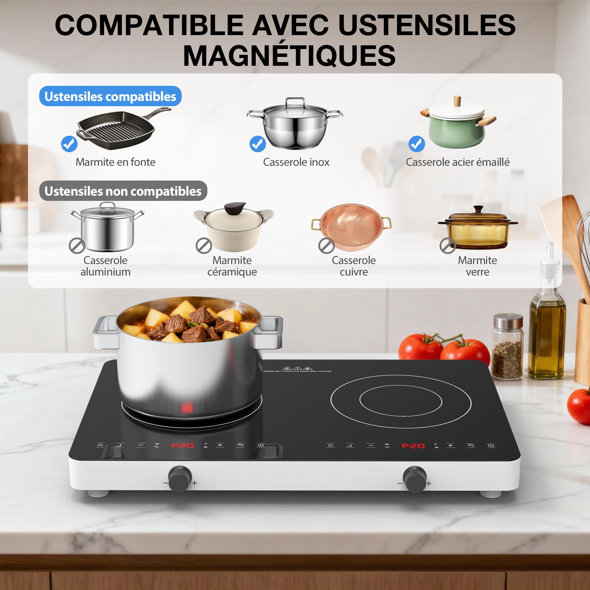 Induction Hob with 2 Burners 3600 W, 57 cm Electric Hob with Touch Control and Wheel Control, 20 Levels, Child Safety, Stove for Kitchen and Apartment