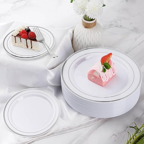 Vista 48 de Goodluck 150 platos desechables dorados para 25 invitados, fiesta de plástico, boda, juego de vajilla de platos llanos, cucharas de ensalada