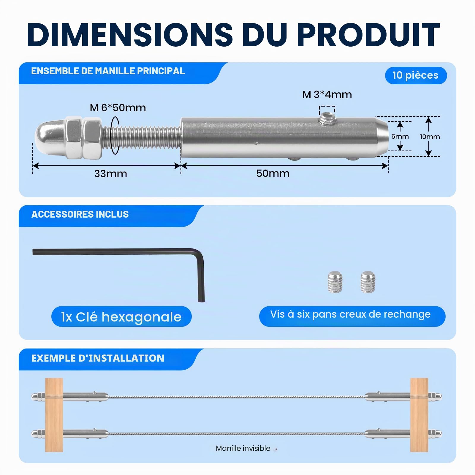 Lot de 10 Tendeurs de Câble en Acier Inoxydable, Garniture de Tension pour Câble 4mm, avec Tige Filetée et Clé Allen, pour Fixation et Mise sous Tension des Câbles