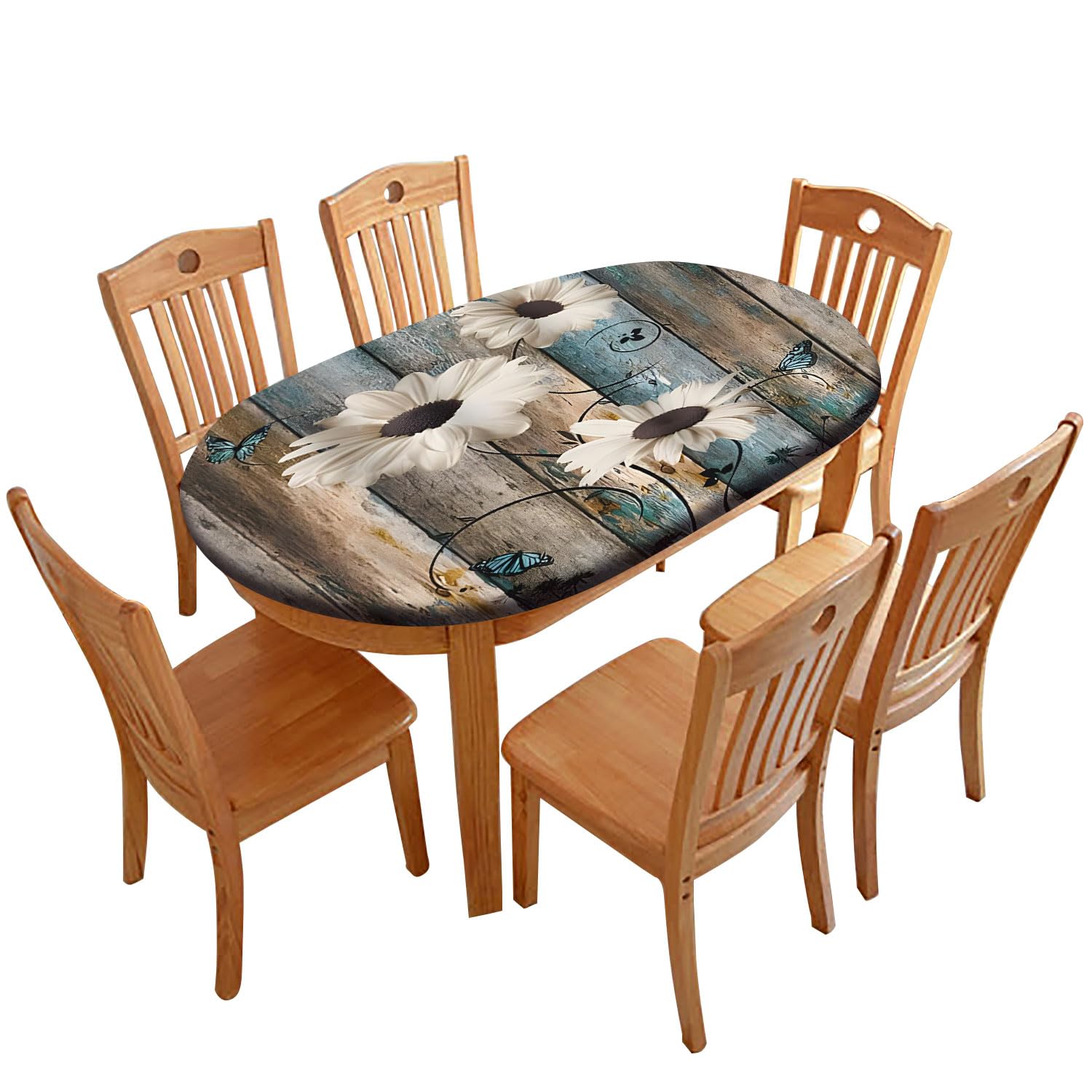 Rustic Daisy Flowers Oval Elastic Fitted Tablecloth, Floral Blossom Elastic Edged Table Covers, Vintage Wood Planks Table Cloths for Family Banquet