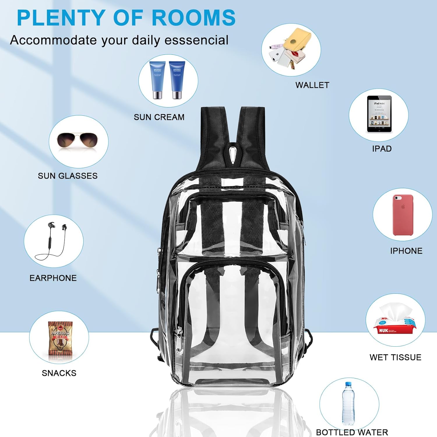 Clear Backpack Stadium Approved with Adjustable Reinforced Straps, 3 in 1 Clear Crossbody Bag for Festivals and Games (Black) - Image 7