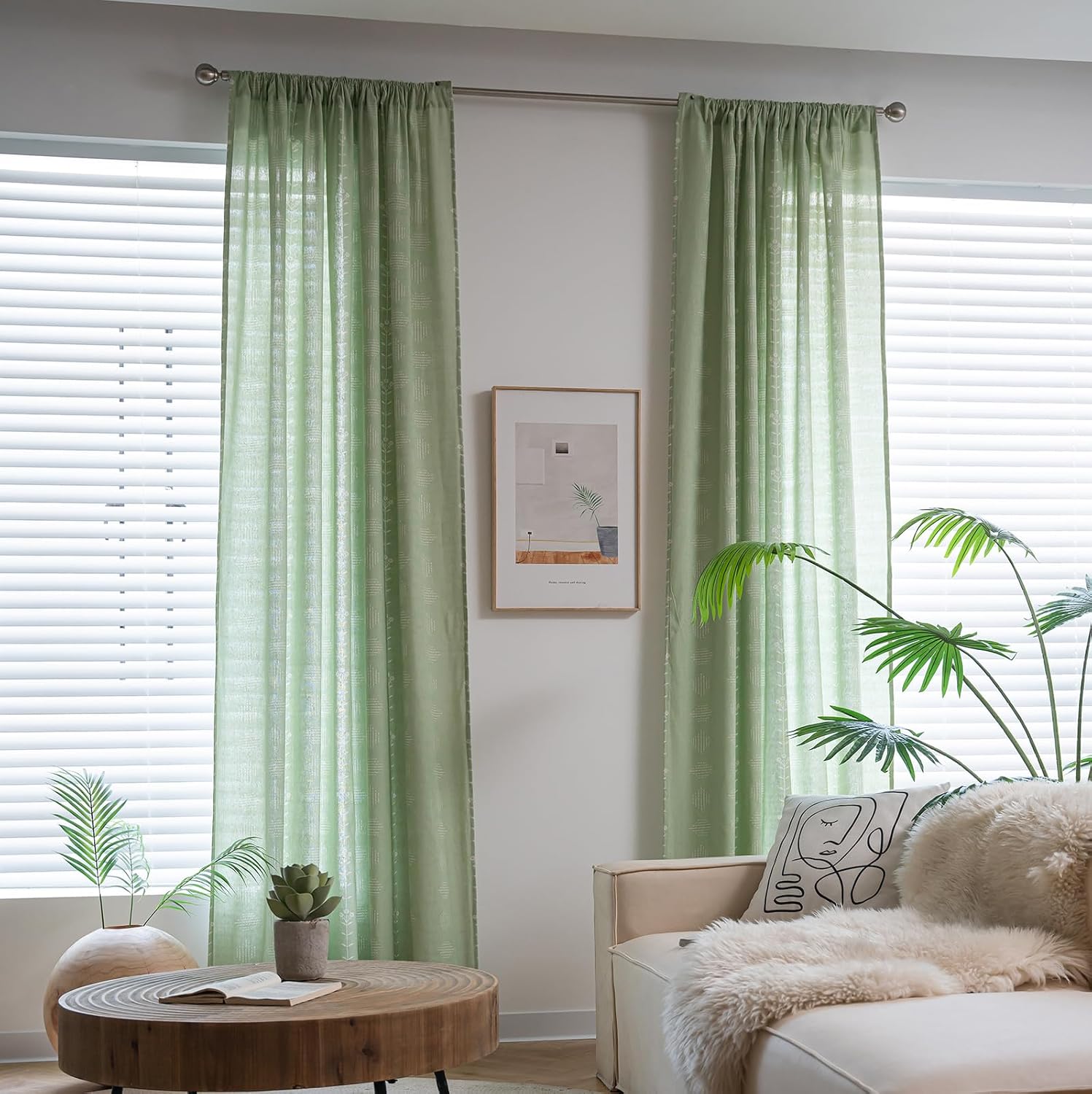 vctops Boho Curtain Farmhouse Floral Vine Pattern Window Curtains Light Filtering Rod Pocket Window Treatment Panel for Bedroom Living Room Kitchen, 1PC (Green,52"x71")