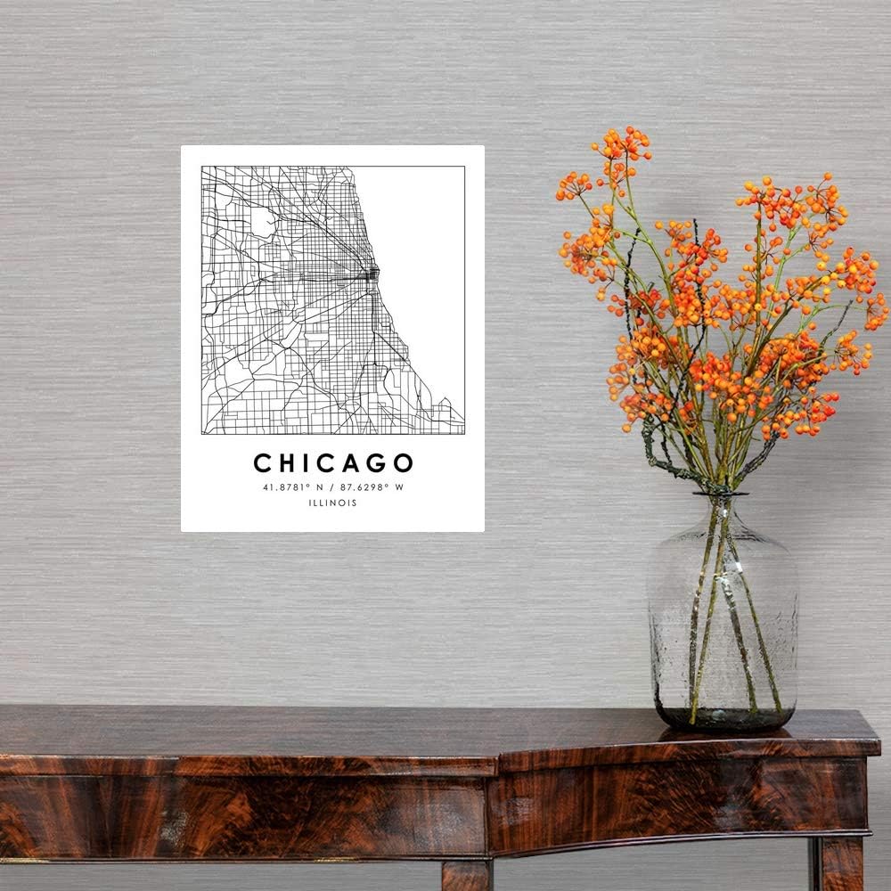 Black and White Minimal City Map of Wall Decal, Chicago Artwork