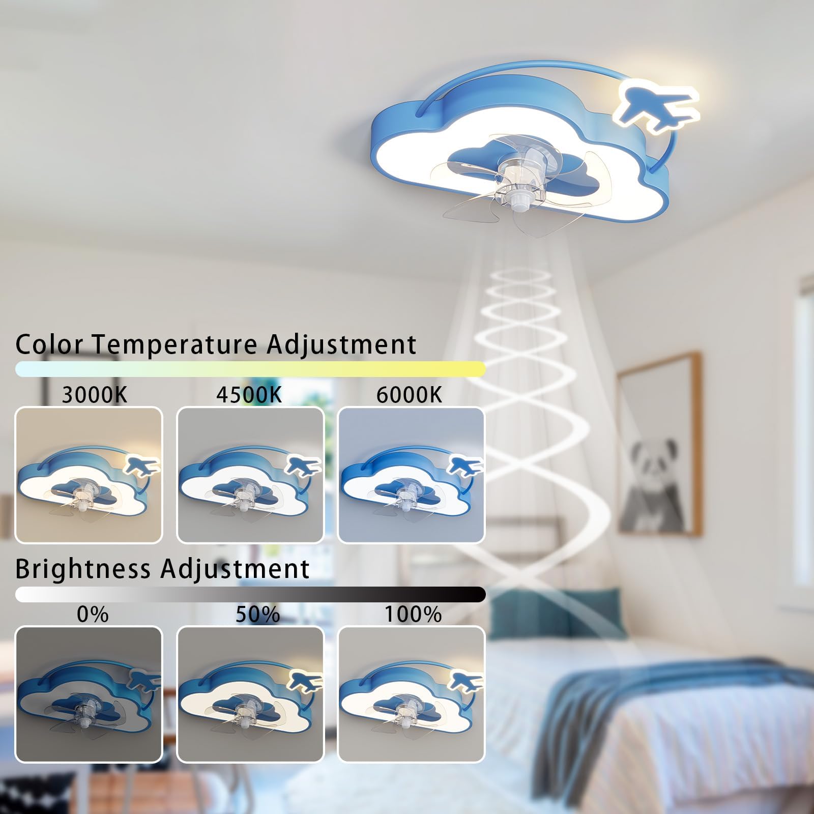 Wentylator sufitowy LED Light， Dziecięcy wentylator sufitowy z lampą w kształcie gwiazdy, ściemnialny, sterowanie za pomocą pilota, 6-biegowy timer, niebieski, 18,7 cala