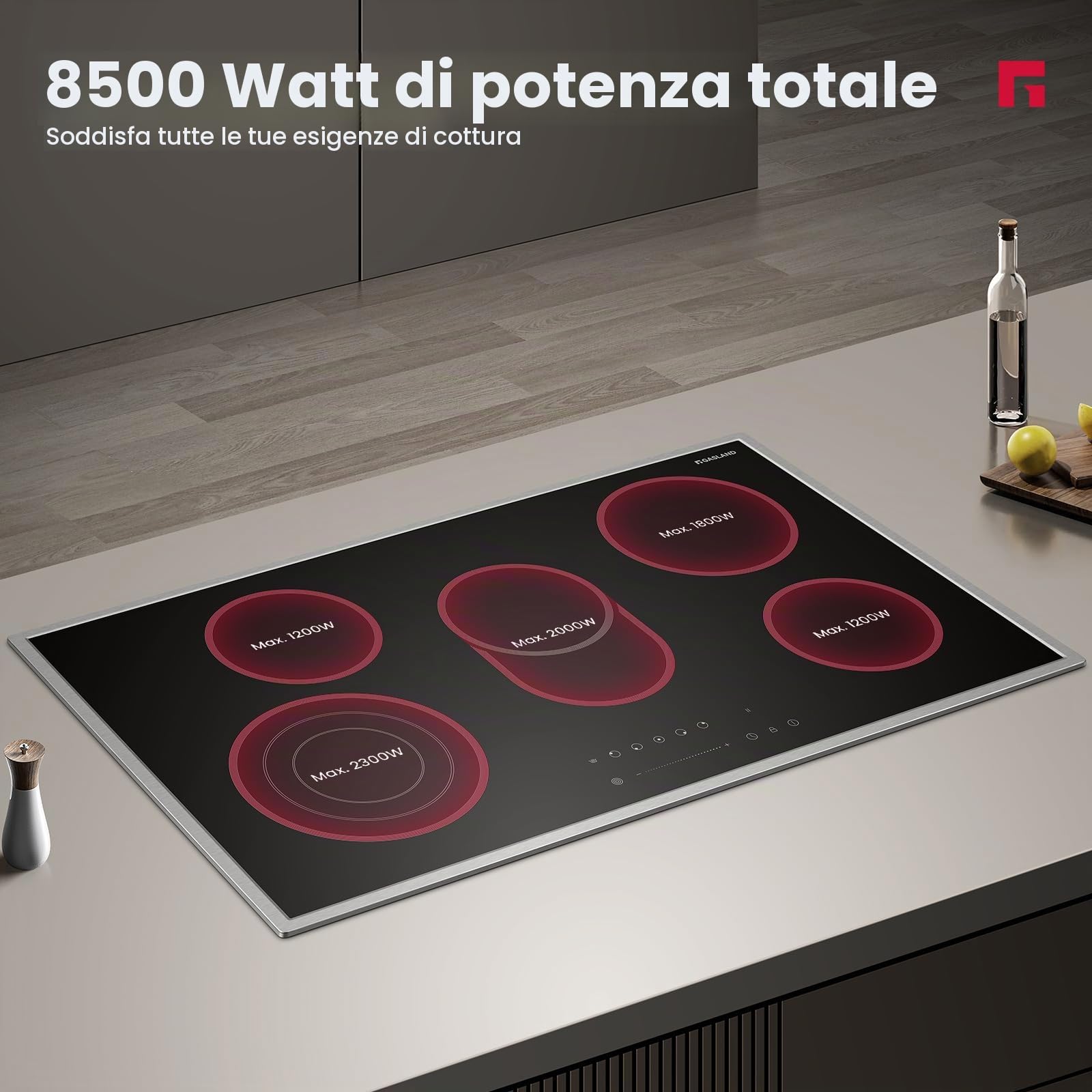 GASLAND CH905BF34B Piano cottura in vetroceramica indipendente, 90 cm piano cottura elettrico da incasso con cornice in acciaio inossidabile, 5 zone, piano cottura in ceramica con tripla zona, 8500 W