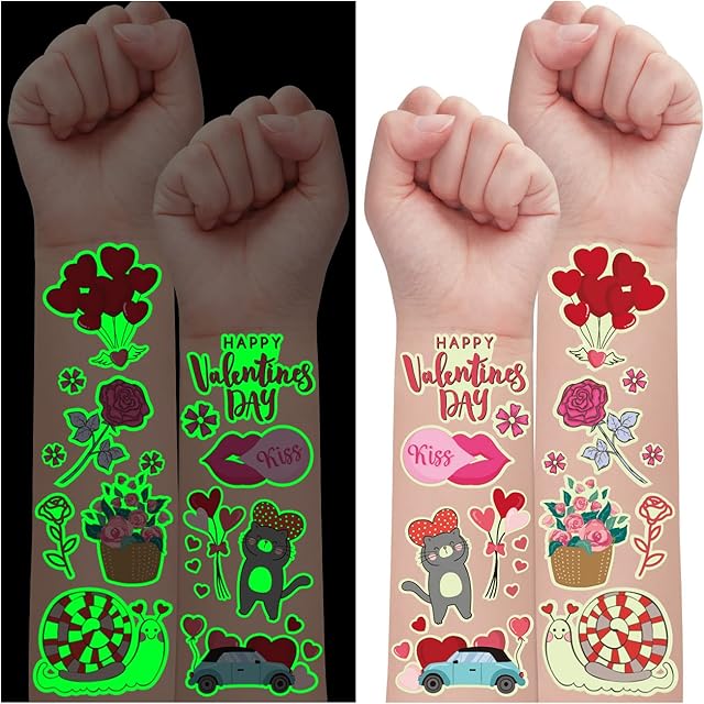 Leesgel Luminous Valentines Tattoos for Kids, 250 Styes Temporary Tattoos Heart Stickers for Glow Valentines Decorations, Valentines Party Bag Fillers Favours Supplies