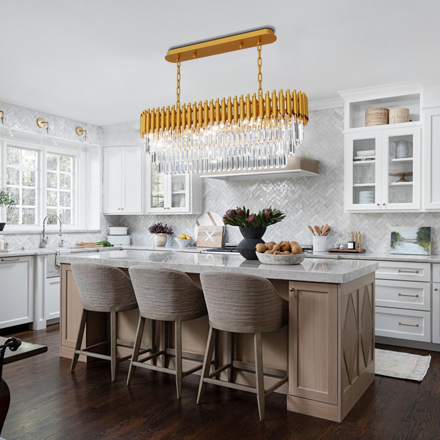 10-Light Modern Gold Crystal Chandelier, Luxury Rectangular Crystal Chandeliers for Dining Room, Kitchen Island, Living Room, Farmhouse Chandelier Lighting