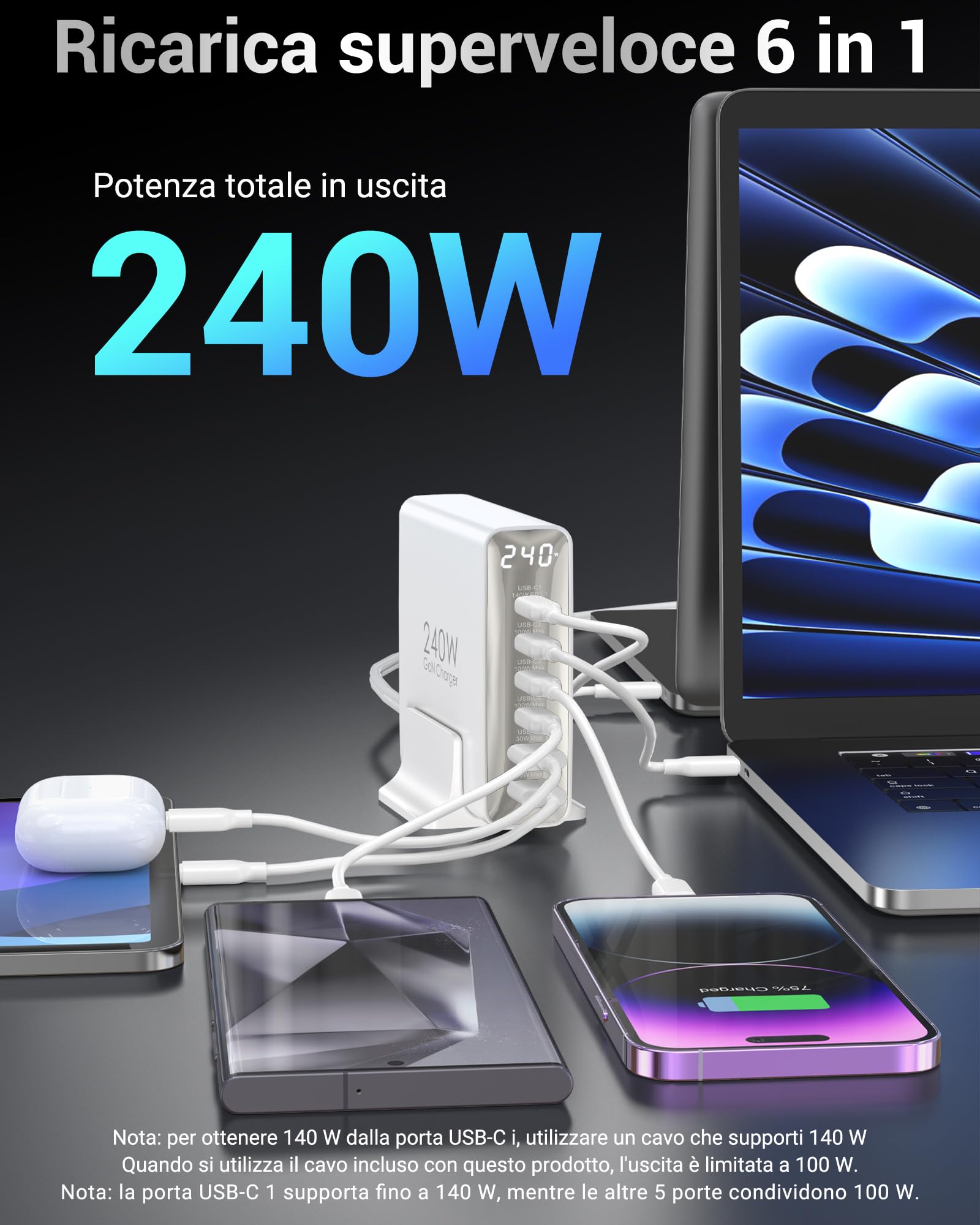 240W Caricatore USB C 6 porte, Caricabatterie GaN PD3.1 con display LED, Stazione di ricarica rapida da tavolo per MacBook Pro/Air, per iPhone Pro/iPad Pro/Dell XPS/Galaxy/Laptop e altro, Bianco