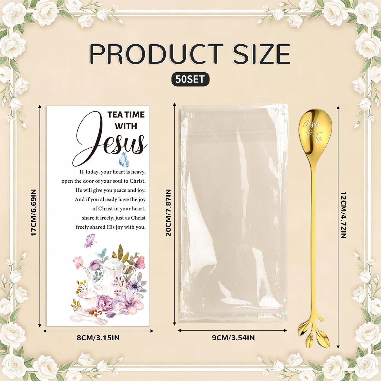 50 Sets Christian Tea Party Favors Stainless Steel Leaf Tea Spoons with Prayer Cards Clear Bags, Religious Gifts for Women Ministry Mothers Day Easter Church Christmas Birthday Family Reunion Gifts