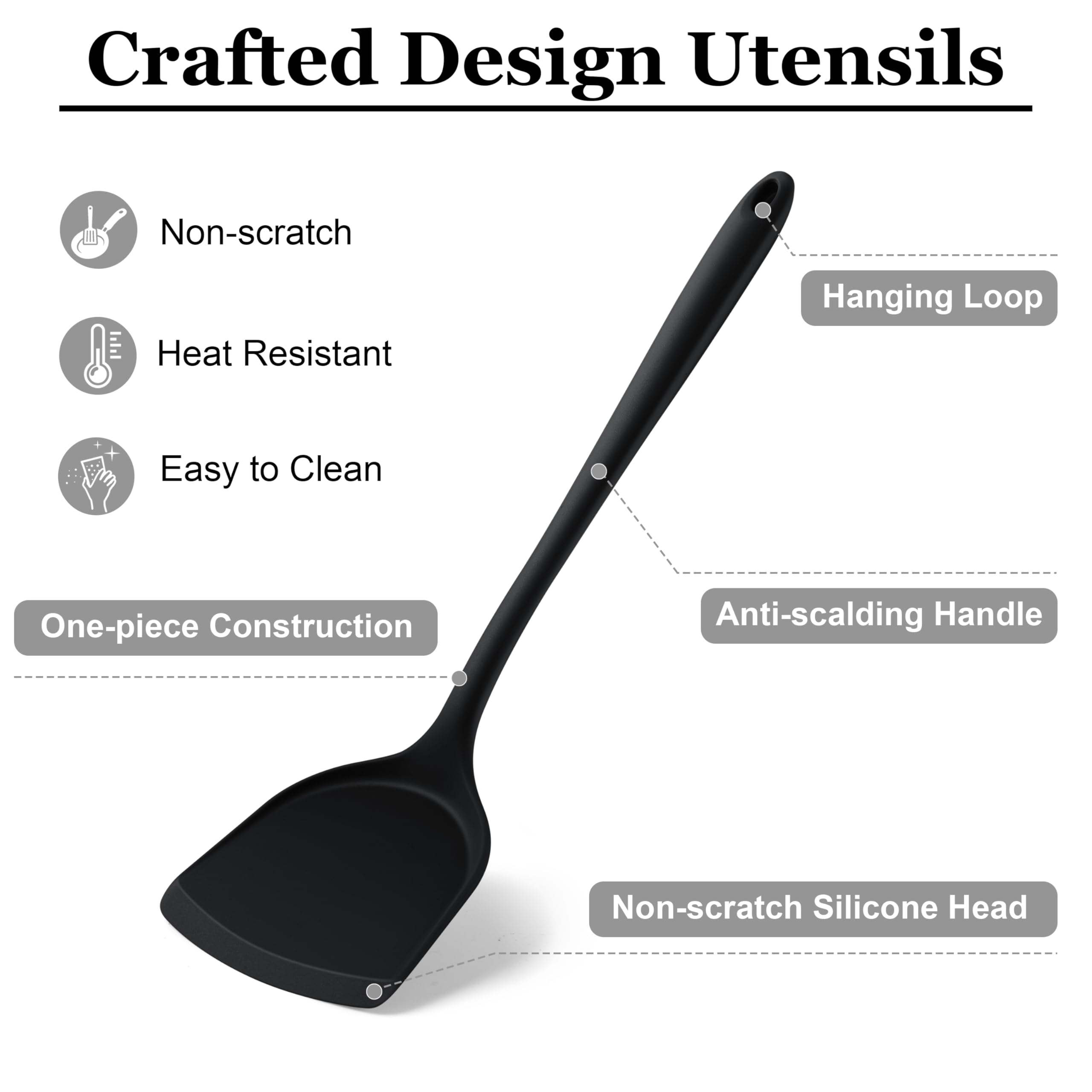 LIANYU Juego de 8 utensilios de cocina resistentes al calor, juego de espátulas de silicona antiadherentes con espátula, cucharón, volteador, cuchara, apto para lavavajillas, color negro