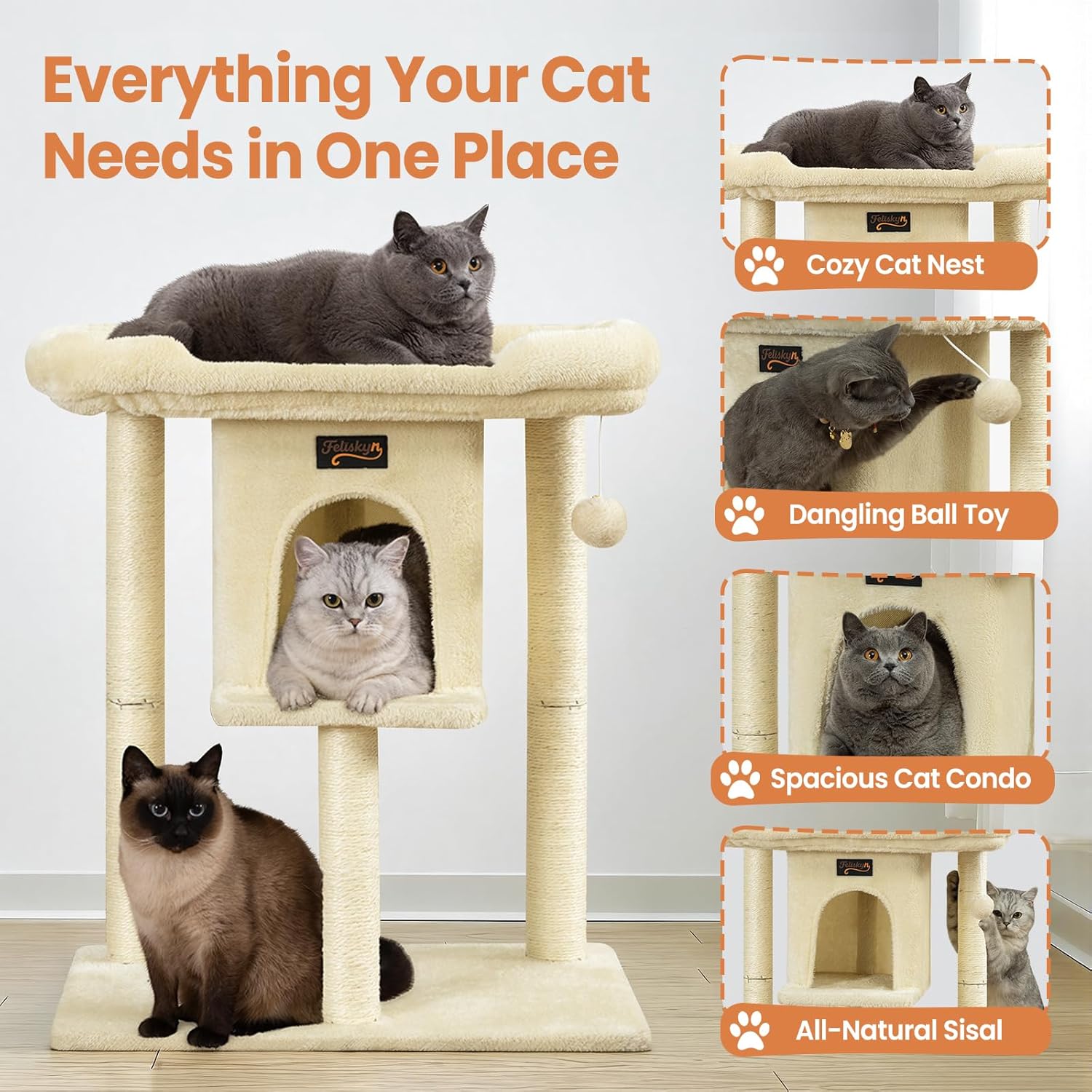 Cat Tree Tower Scratching Post for Indoor Large Cats, Small Cat Tree with Big Perch Bed, 28in Tall Trees House with Condo Cave, Toy Balls, Modern Climbing Furniture Platform for Kitten (Beige)