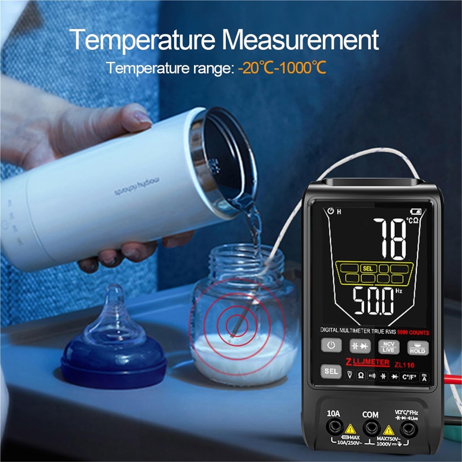 Cyfrowy multimetr, Ładowanie przez USB Inteligentny cyfrowy multimetr 9999 zliczeń Duży ekran AC DC Natężenie prądu Multimetr Pojemność OHm Hz Tester temperatury