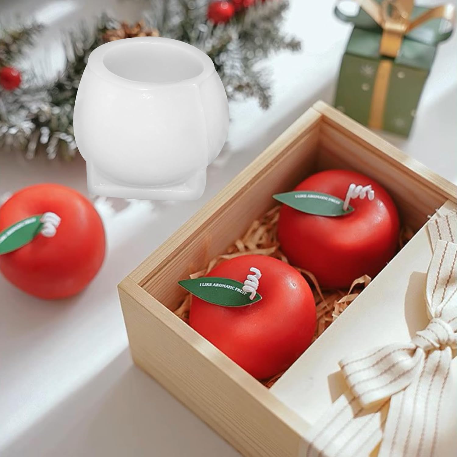 Large 3D Apple Silicone Candle Mold, 2 Pcs Apple Epoxy Resin Casting Mold with 1 Pcs 6-Cavity Stem Baking Mold for Baking DIY Craft Tools