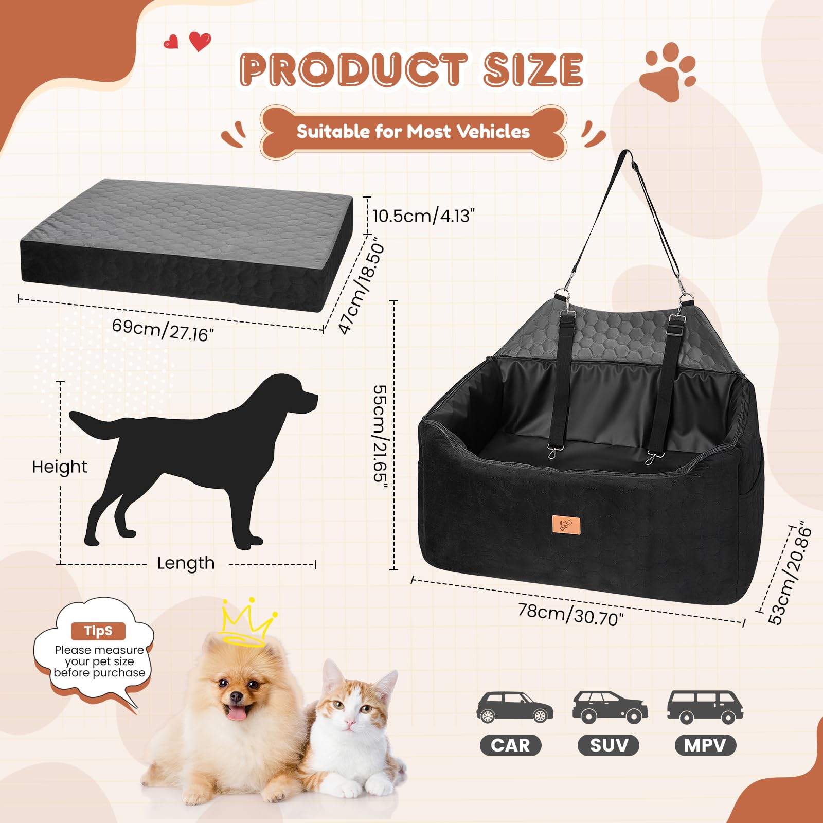 Seggiolino Auto per Cani 78x55x53cm, Rialzo Rimovibile e Lavabile per Cani di Taglia Media e Grande, Guinzaglio Incluso, Seggiolino Cane Auto più Pesanti (con Rivestimento in Pelle Impermeabile)