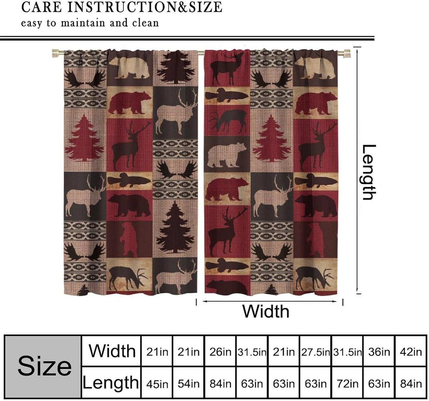 Retro Rustic Bear Curtains, Wild Bear Cabin Pine Farmhouse Window Treatments for Bedroom Kitchen Living Room Vintage Country Style Lodge Drapes 2 Panel Sets Red Brown 63x63 Inch