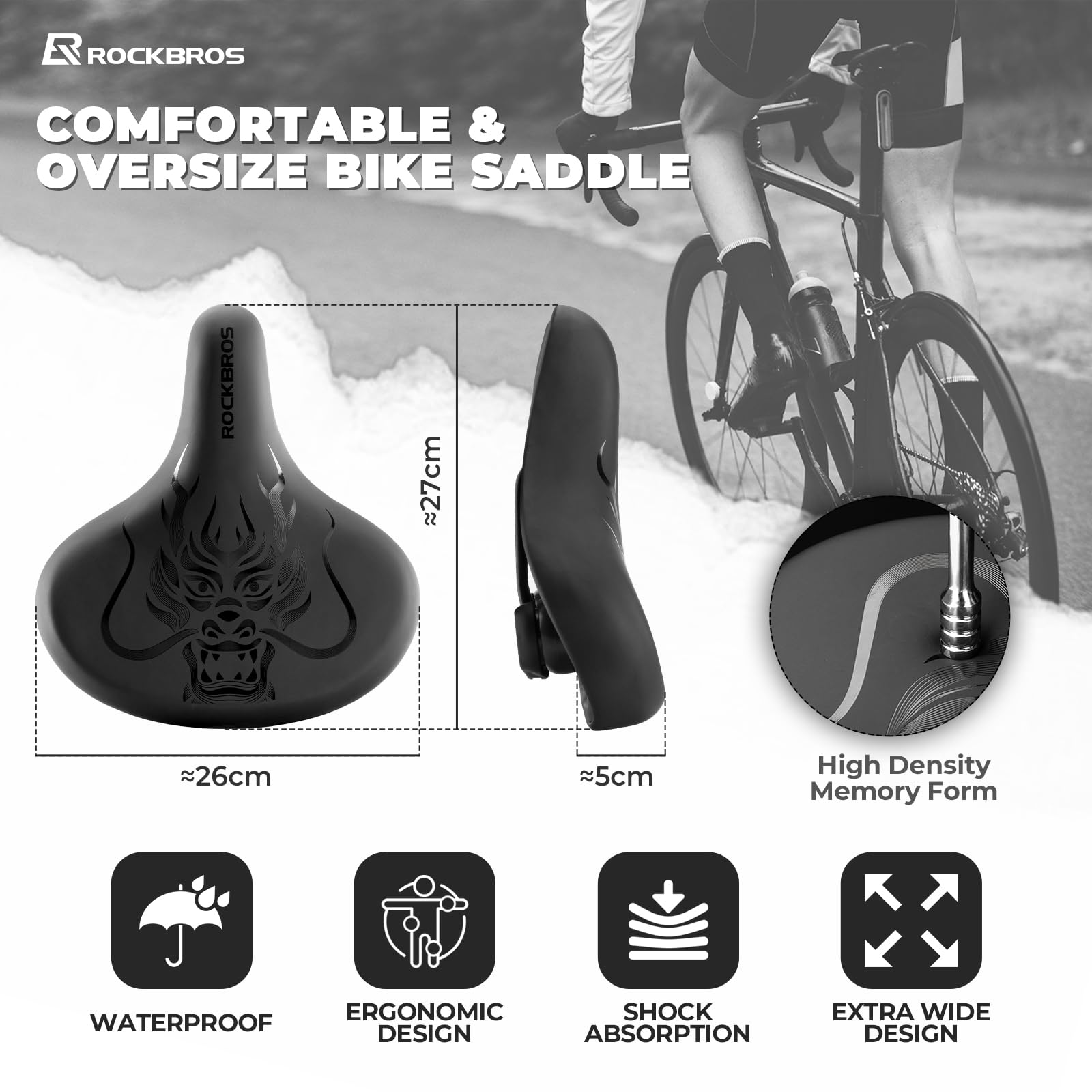 ROCKBROS Selle de Vélo Ergonomique Large et Confortable, Siège de Vélo de Route MTB pour Homme et Femme, Absorbant Les Chocs et Coussin Imperméable, 27x25cm