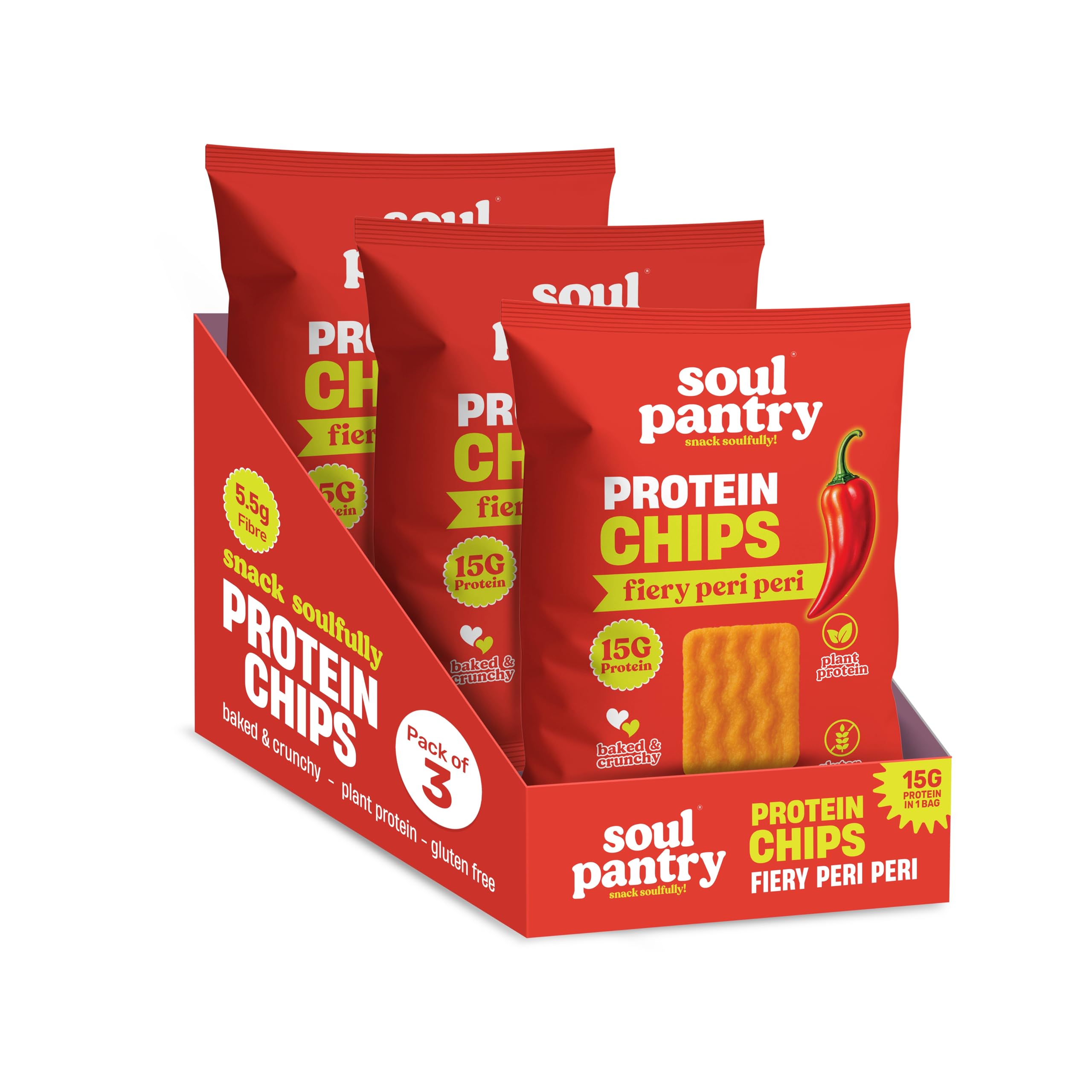 Soul Pantry Protein Chips – Peri Peri Flavor - 3 Pack | High Protein, Gluten Free, Vegan, Healthy Snack | Plant-Based Baked Chips, Non-GMO |