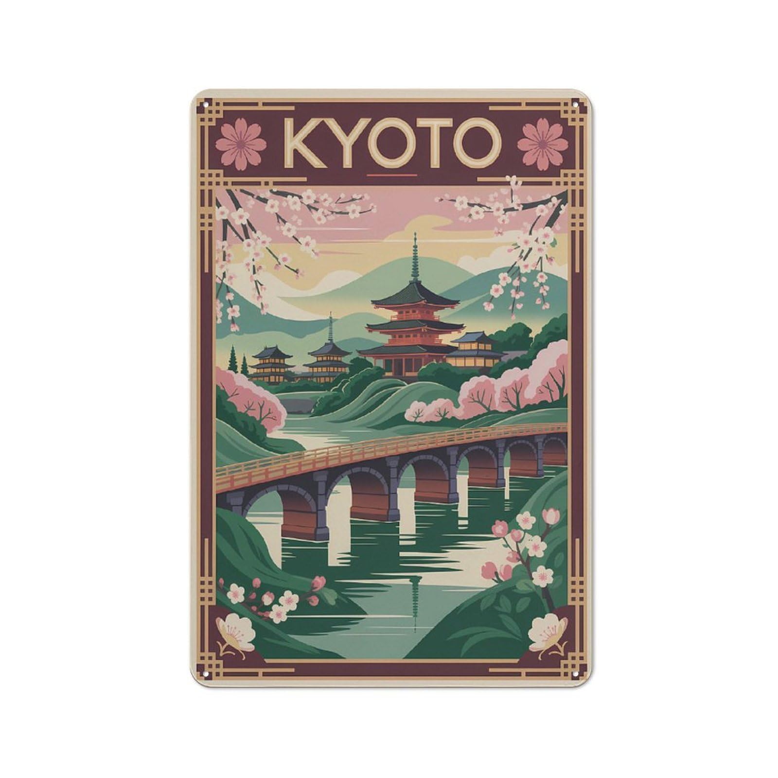 Junmoney Style 30X20cm Rustic Tin Sign With Kyoto Japan Vintage Travel For Home Office Or Studio, For Metal Sign Collectors, For Garage And Workshop Walls