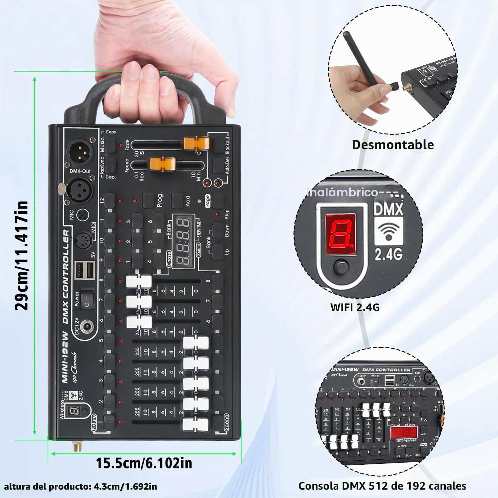 DMX512 Control de iluminación para escenarios, consola profesional de 192 canales para DJs, KTV y conciertos, sistema de control de iluminación inalámbrico