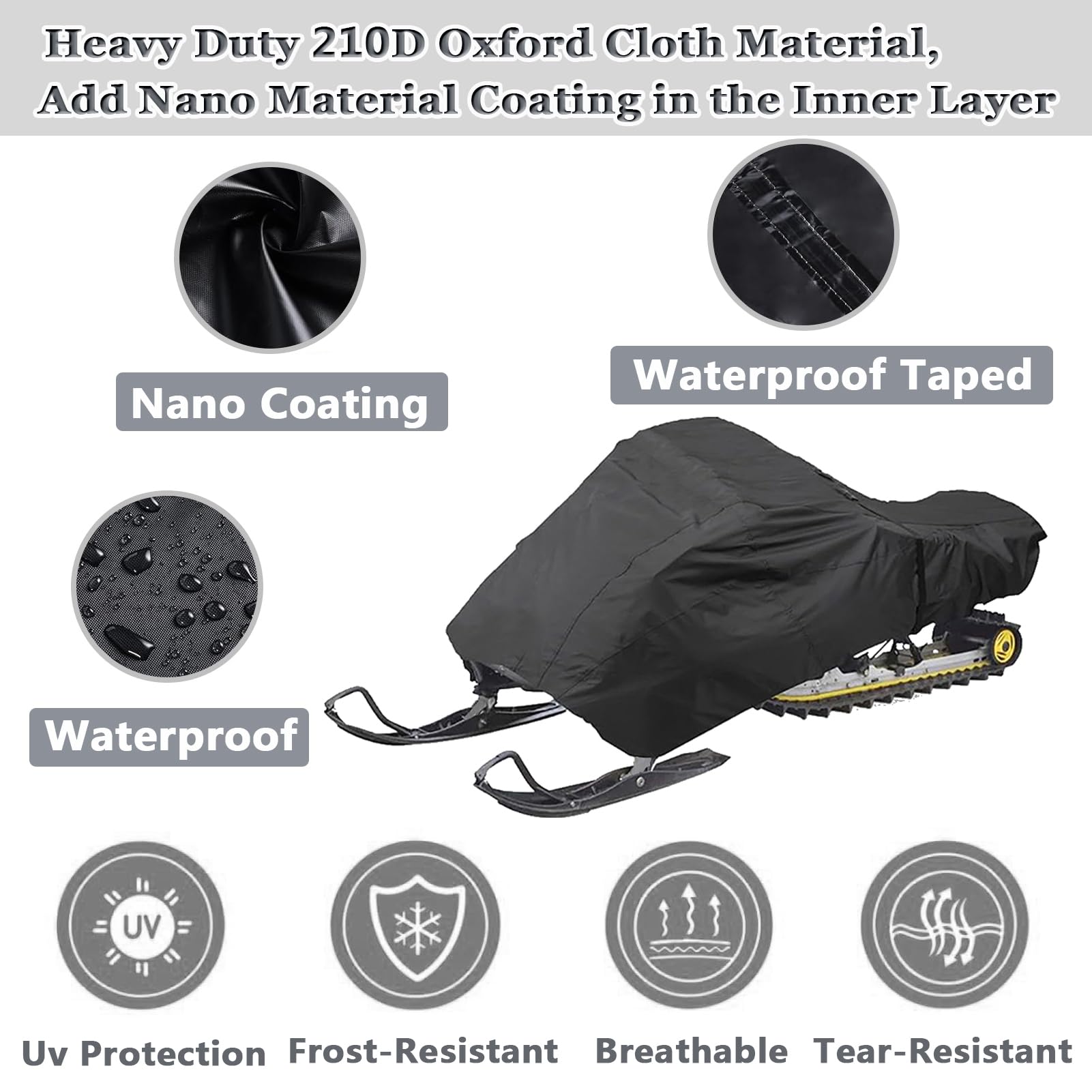 Funda Impermeable para Moto Nieve, Funda Protectora para Vehículos Trineo de Nieve de Invierno, Cubierta De Trineo para Máquina De Nieves Remolcable (Negro,368 x 130 x 121cm)