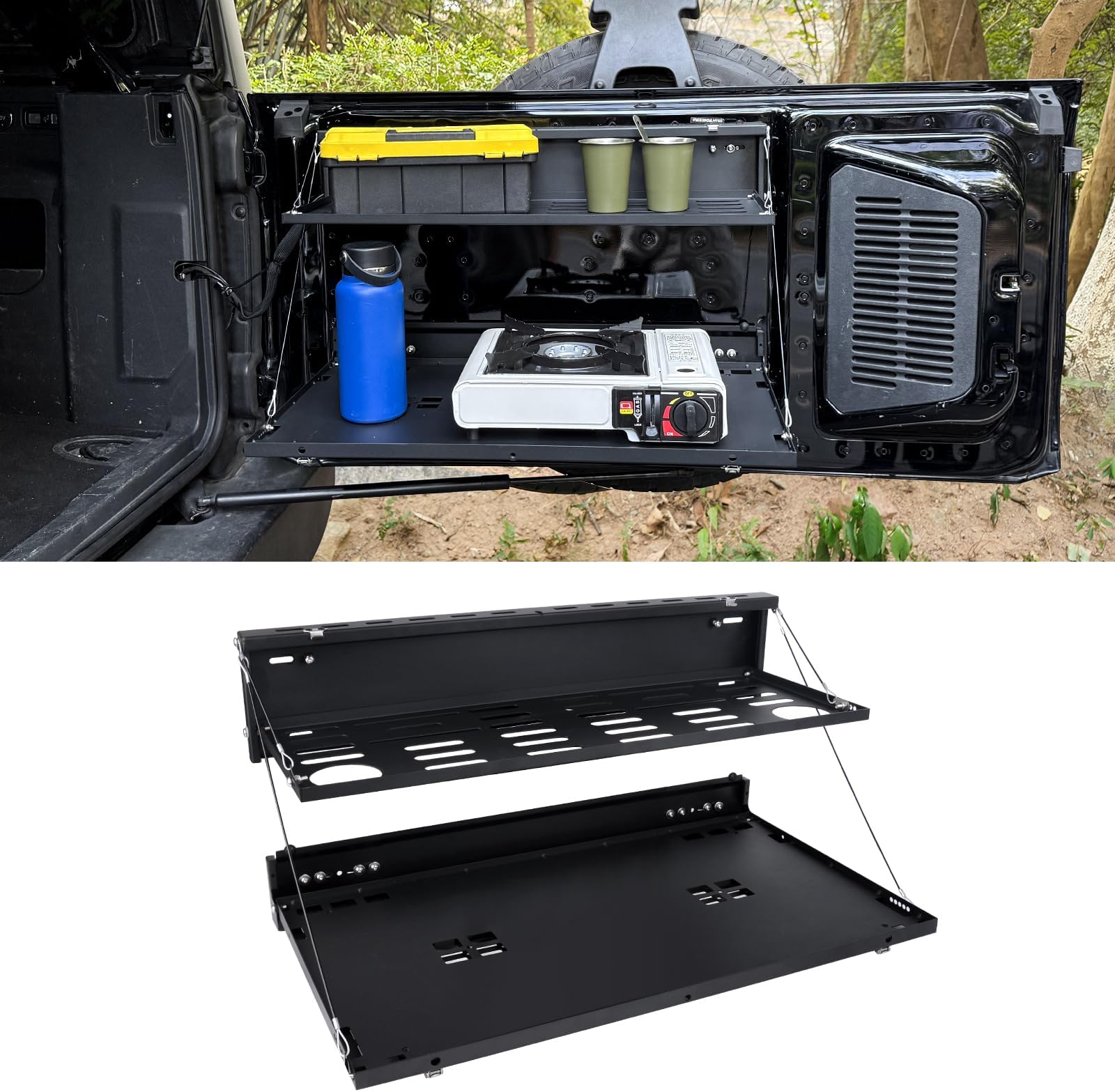 MAIKER 2-Tier Tailgate Table Compatible with Ford Bronco, Foldable Cargo Shelf Storage Shelf for Ford Bronco Accessories 2021-2025 4 Doors (Not fit for Bronco Sport)
