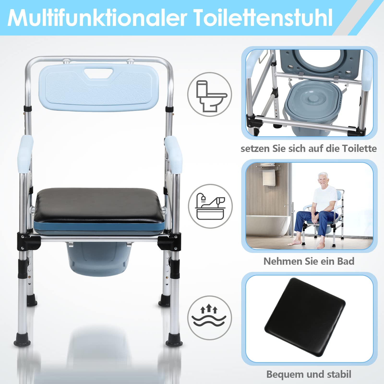 Sonnewelt Sedia WC per anziani, regolabile in altezza con bracciolo, schienale antiscivolo, portata fino a 160 kg