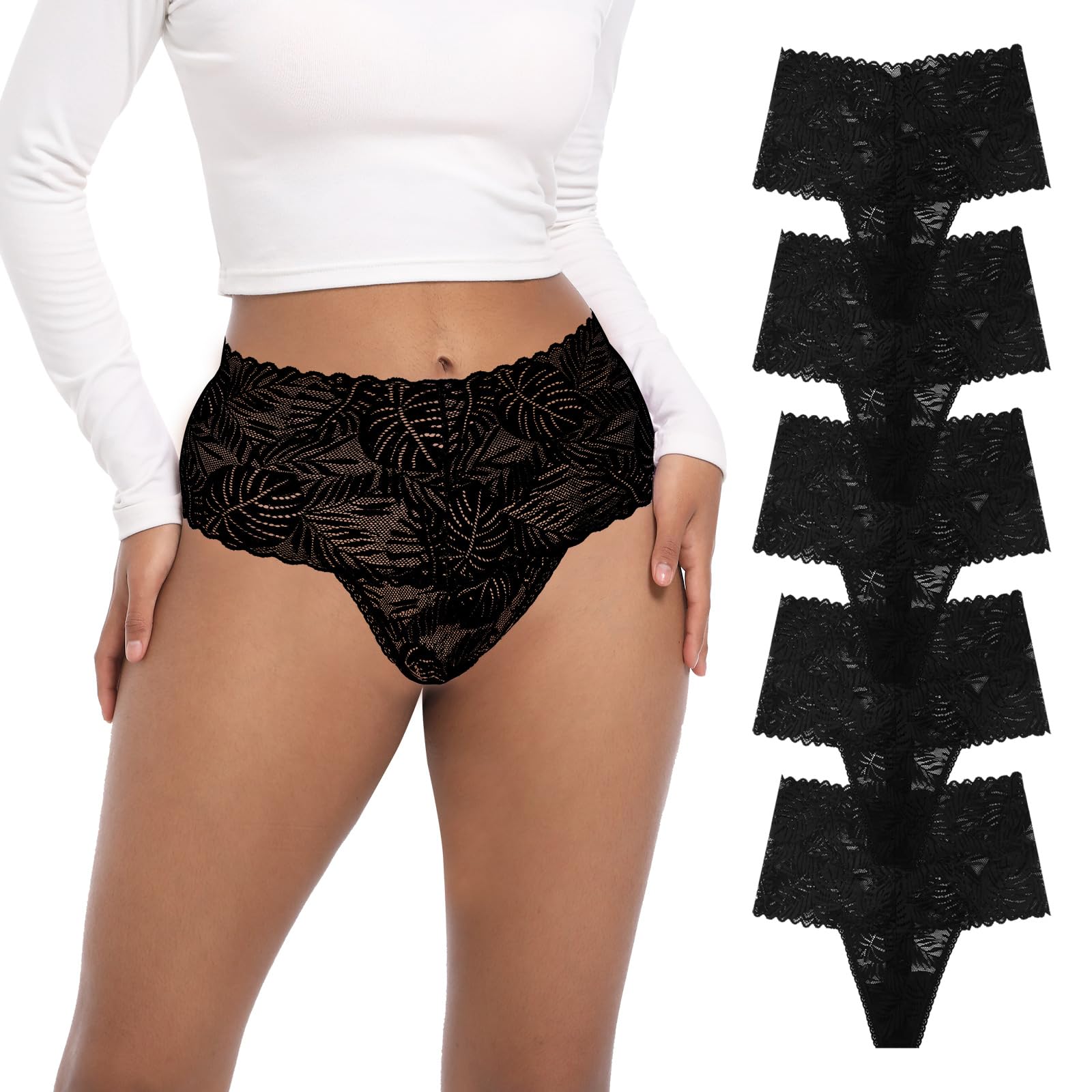 Yuamose High Waisted Lace Thongs Panties For Women Plus Size Retro Thong High Rise Lacy Underwear Pack 5 Size S-4XL, Black*5, M