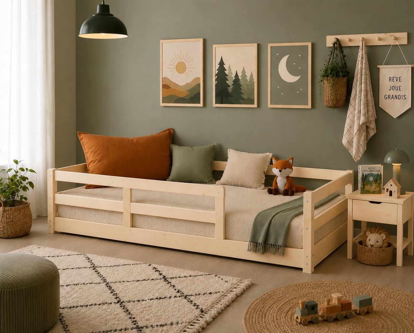 KONTARBOOR Cama infantil de 90 x 190 cm con barreras de seguridad – Montessori- Cama en el suelo de madera maciza natural – Estilo escandinavo mixto niña y niño – Somier incluido – Habitación infantil