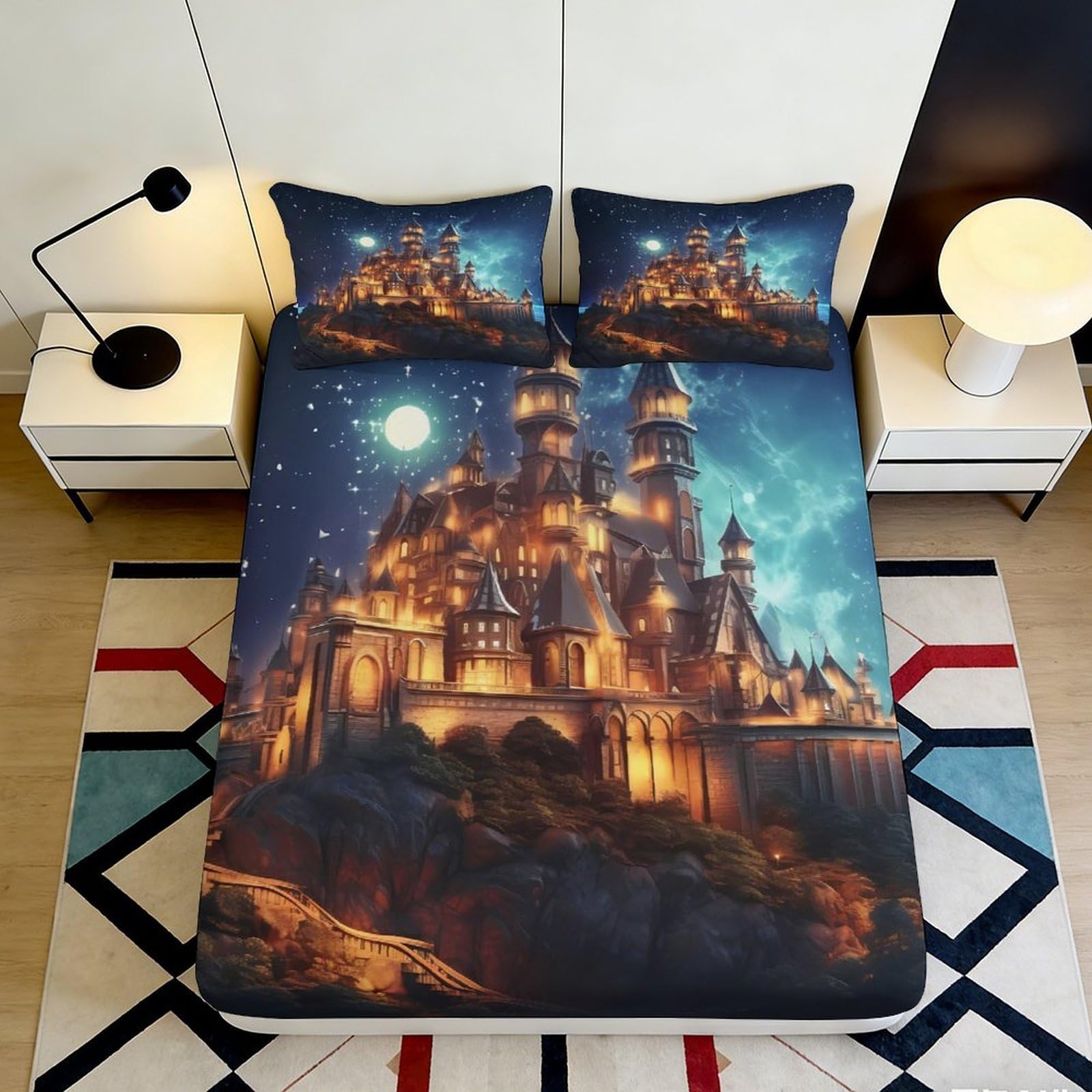 3D Printed Fantasy Castle Fitted Sheet Microfiber Deep Pocket Non-Slip Bedroom Bedding Fantasy Castle Mattress Fitted Cover for Adults Teens 200x200x25cm 90x200x25cm