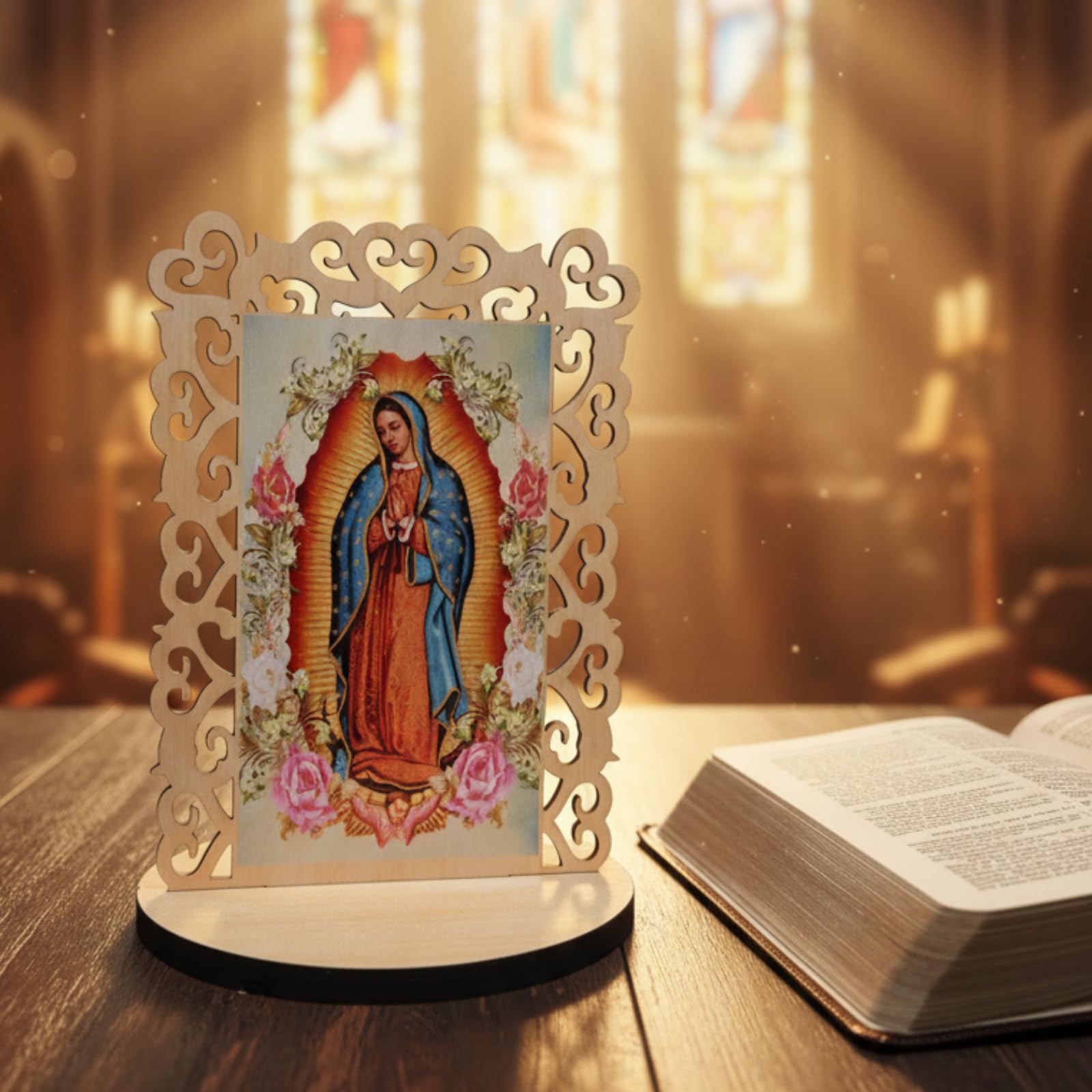 Soaoo Holzstatuen "Our Lady of Guadalupe", "Virgen De Guadalupe", Bilderrahmen, Taufgeschenke für Gäste, Taufaufaufaufen, Tafelaufsätze für Tisch, Erstkommunion, katholische Gastgeschenke, rechteckig