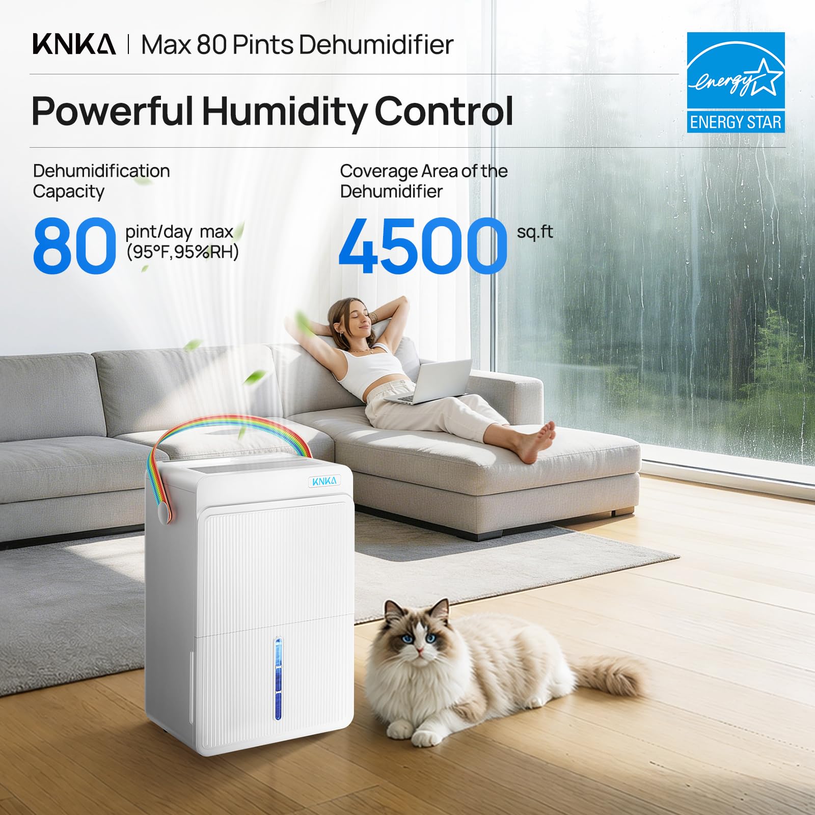 KNKA ENERGY STAR Osuszacz powietrza 4500 m2, maks. 80 litrów/dzień z wężem spustowym, osuszacz powietrza do piwnicy, sypialni, łazienki, dużego pokoju, inteligentna kontrola wilgotności, podwójny