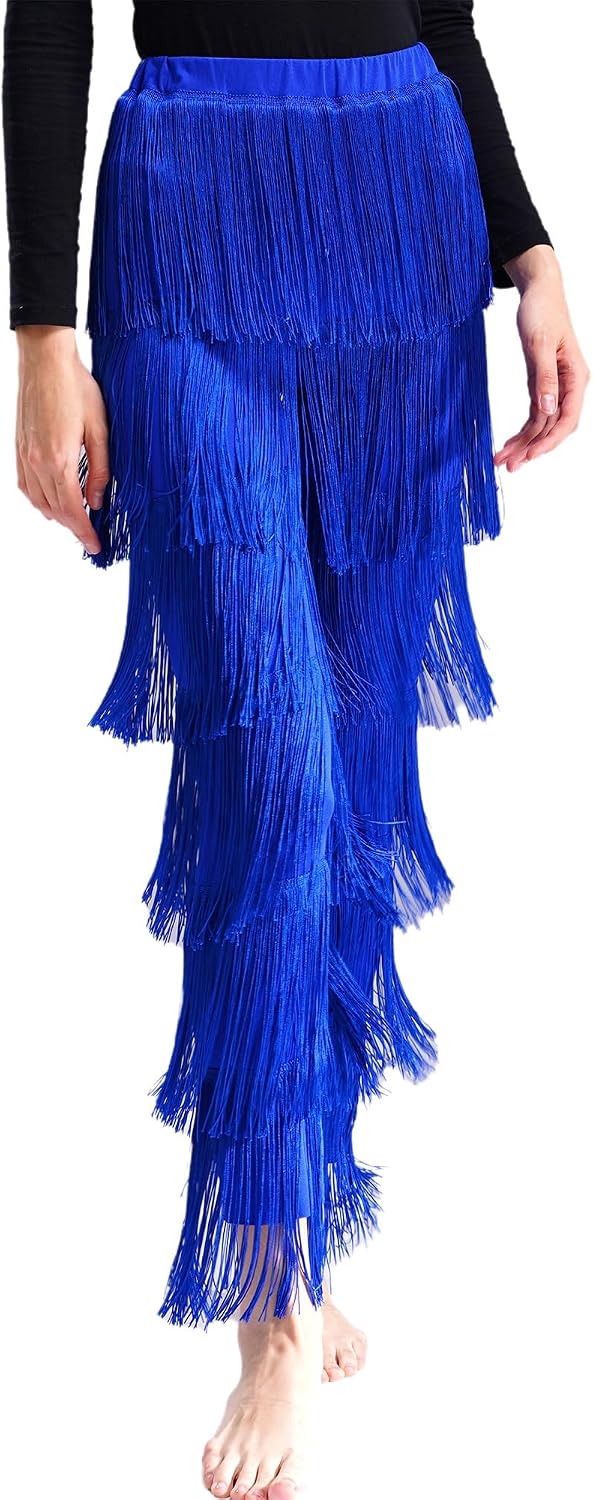 ranrann Women's Latin Dance Pants Tassel Fringe Ballroom Tango Cha Cha Stage Performance Pants