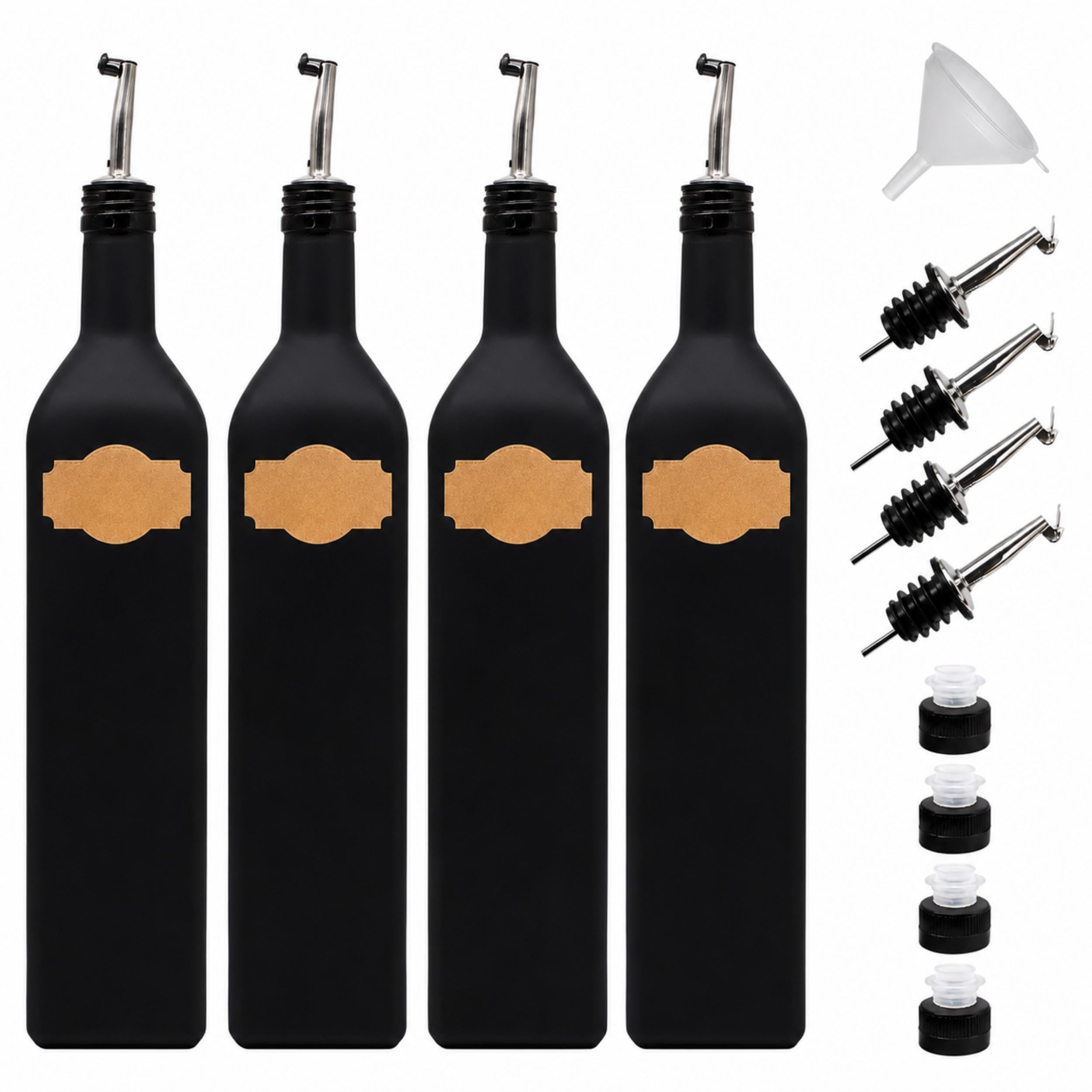 Ölflasche Glas 1L Schwarz Matt mit Edelstahl-Ausgießer, Trichter & Deckel (4x1 Liter)