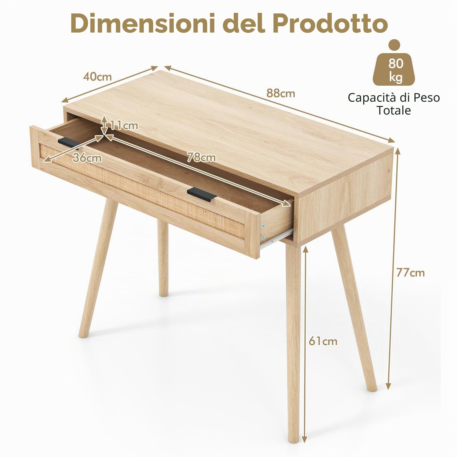 LIFEZEAL Tavolo Consolle con 1 Cassetto, Console in Legno, Mobile Ingresso, con Gambe in Legno Massello, Moderno, Salvaspazio, per Soggiorno, Corridoio, Max 80 kg, 88x40x77 cm, Naturale