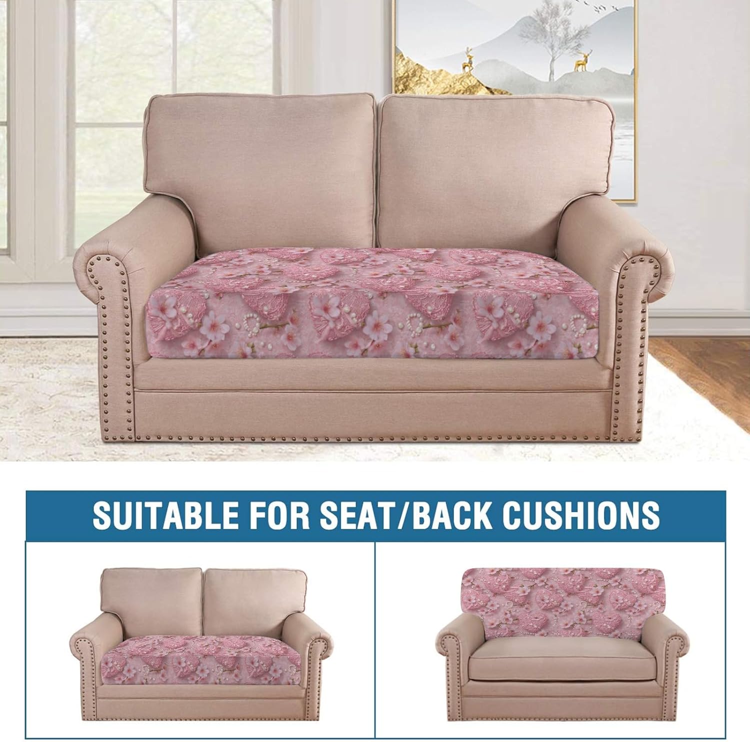 Lace Cherry Blossom Pink Loveseat Covers Couch Covers for 2 Cushion Couch, 2-Piece Stretch Sofa Slipcovers Anti-Slip Washable Furniture Protectors for Dogs Pets