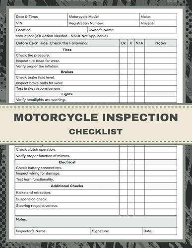 Motorcycle Inspection Checklist: Motorcycle Pre-Ride Daily Inspection Report Book for