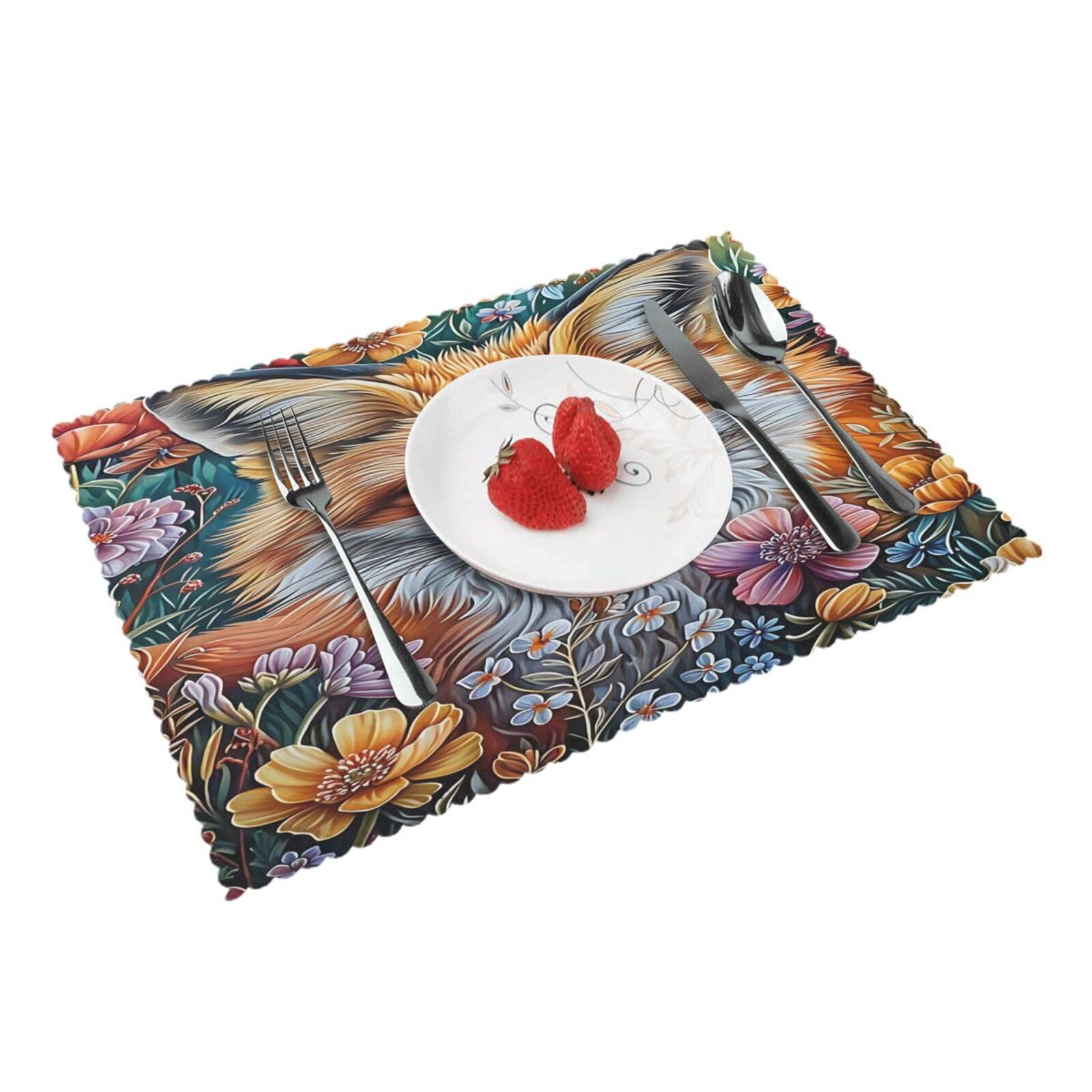 Fox Floral Print Placemats Set of 4 Print Table Mats Place Mats Table Decor for Kitchen Dining 12X18 in