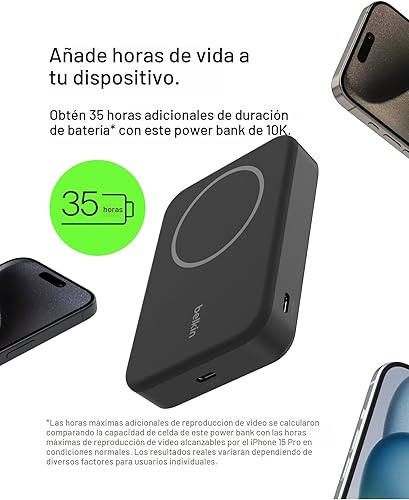 Miniatura 6 de Belkin Cargador portátil, banco de energía inalámbrico de 15 W 10000 mAh con Qi2, cargador MagSafe + soporte desplegable integrado - iPhone 17, Air,