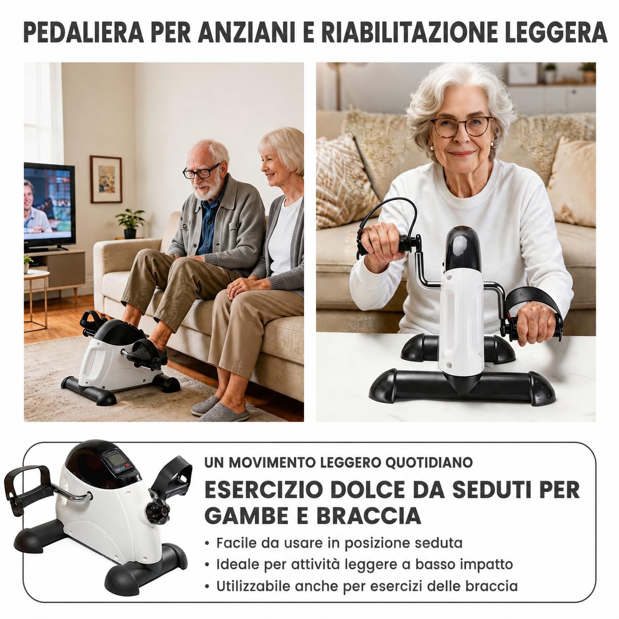 Pedaliera per Anziani ed Esercizi Leggeri da Seduti, Mini Cyclette Compatta per Casa e Ufficio, Pedaliera per Braccia e Gambe, Resistenza Regolabile, Pedali Antiscivolo