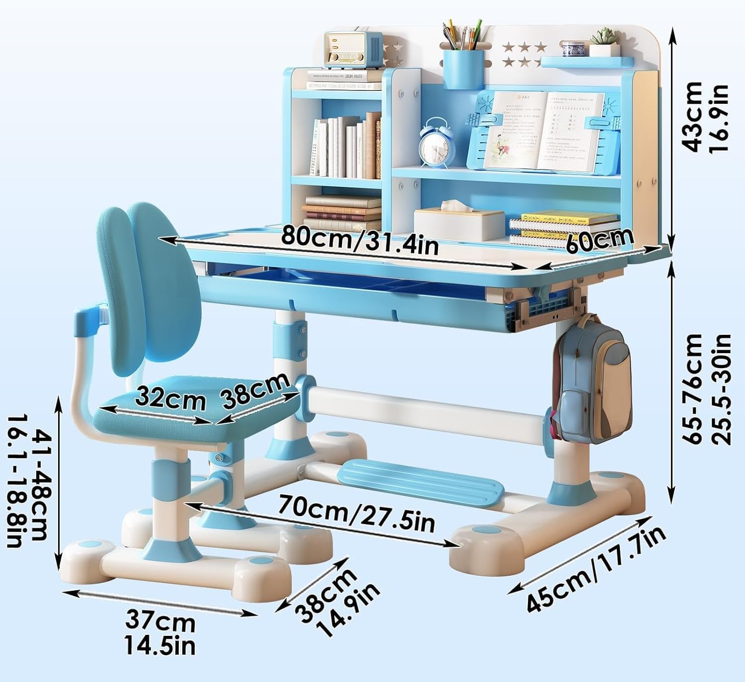 Kids Desk and Chair Set, Height Adjustable Children School Study Table Chair Set with Sitting Corrector, Ergonomic Desk with Book Stand, Foot Pedal, Partition Design (Blue)