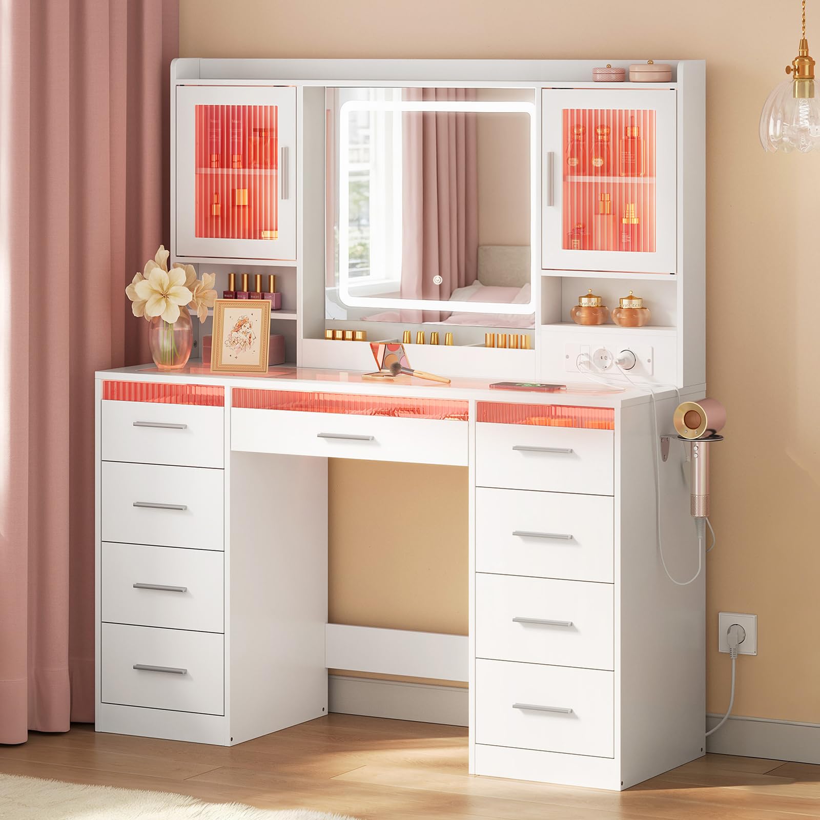 WOLTU Toeletta con Specchio e LED Regolabili, 2 Armadietti con Ante e Luci RGB, 9 Cassetti e Multipresa, Piano in Vetro Temperato, Postazione Trucco, per Camera da Letto, Cabina Armadio, Bianco